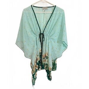 Trac Pale Green Sheer Kaftan Floral Pattern Front Tie Cinch Waist Size Large